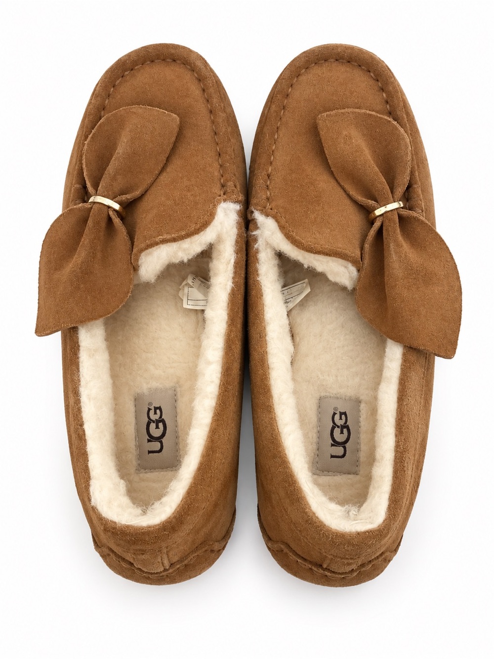 UGG Chestnut Suede Bow Moccasin Slippers